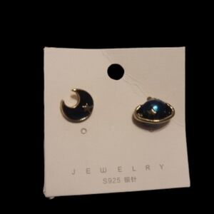 Celestial Star Moon Planet Drop Earrings Gold Tone Blue Enamel